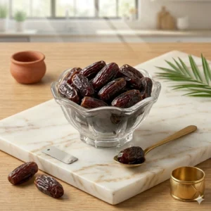 প্রিমিয়াম মাশরুক মরিয়ম খেজুর ক্রিস্টাল বাটিতে মার্বেল বোর্ডে rangaghorbd