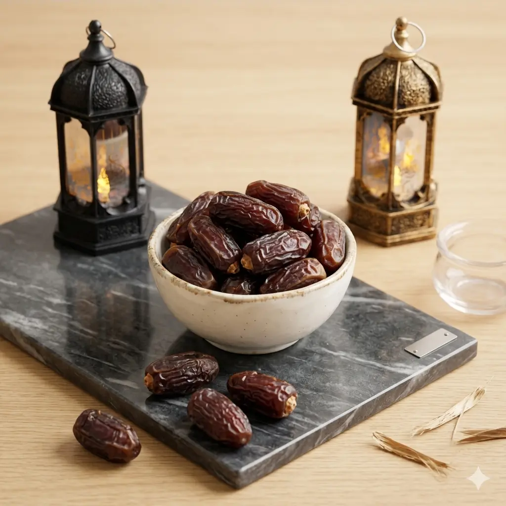 মাবরুম মরিয়ম খেজুর মার্বেল বোর্ডে রমজানের লণ্ঠন সহ rangaghorbd