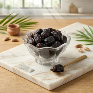 প্রিমিয়াম আজওয়া খেজুর ক্রিস্টাল বাটিতে মার্বেল বোর্ডে rangaghorbd