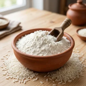 খাঁটি চাউলের গুঁড়া মাটির বাটিতে কাঠের চামচ সহ rangaghorbd