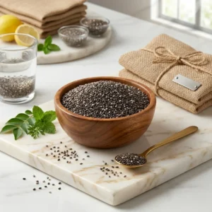 প্রিমিয়াম চিয়া সিড কাঠের বাটিতে লেবু ও পুদিনা সহ rangaghorbd