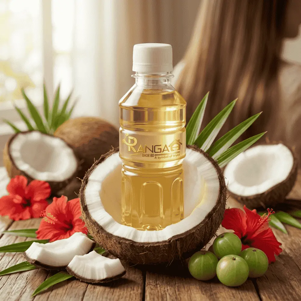 খাঁটি নারিকেল তেল চুলের যত্নে জবা ফুল ও আমলকি সহ rangaghorbd