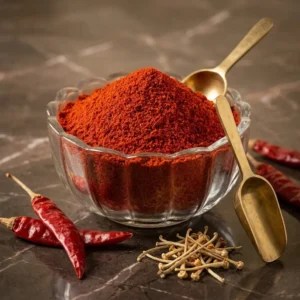 খাঁটি ঝাল মরিচ গুঁড়া ক্রিস্টাল বাটিতে শুকনো মরিচ সহ rangaghorbd