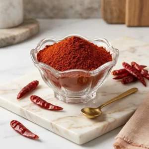 খাঁটি মিষ্টি মরিচ গুঁড়া ক্রিস্টাল বাটিতে শুকনো মরিচ সহ rangaghorbd