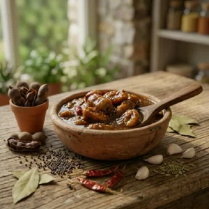 ঘরে তৈরি তেঁতুলের আচার কাঠের বাটিতে রসুন ও মশলা সহ rangaghorbd