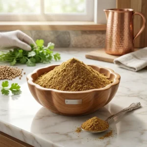 খাঁটি ধনিয়া গুঁড়া কাঠের বাটিতে ধনিয়া পাতা সহ rangaghorbd