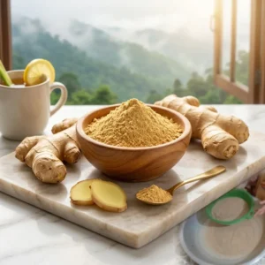 পাহাড়ি আদার গুঁড়া কাঠের বাটিতে পাহাড়ের দৃশ্য সহ rangaghorbd