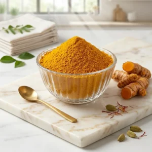 পাহাড়ি হলুদ গুঁড়া ক্রিস্টাল বাটিতে কাঁচা হলুদ ও এলাচ সহ rangaghorbd