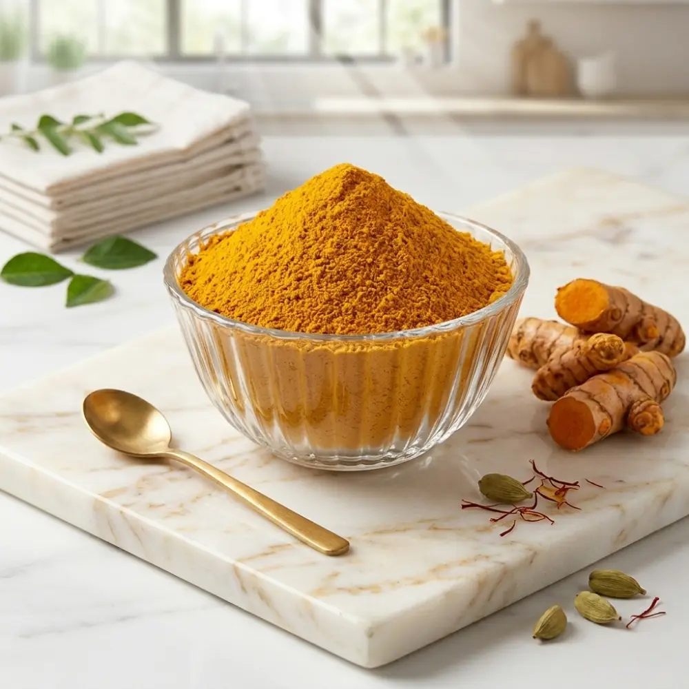 পাহাড়ি হলুদ গুঁড়া ক্রিস্টাল বাটিতে কাঁচা হলুদ ও এলাচ সহ rangaghorbd