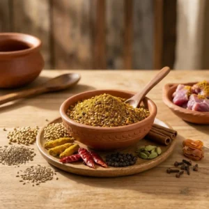 পাহাড়ি মাংসের মশলা মাটির বাটিতে সব উপকরণ সহ rangaghorbd