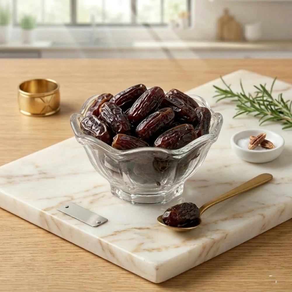 প্রিমিয়াম সাফাওয়ি খেজুর ক্রিস্টাল বাটিতে মার্বেল বোর্ডে rangaghorbd